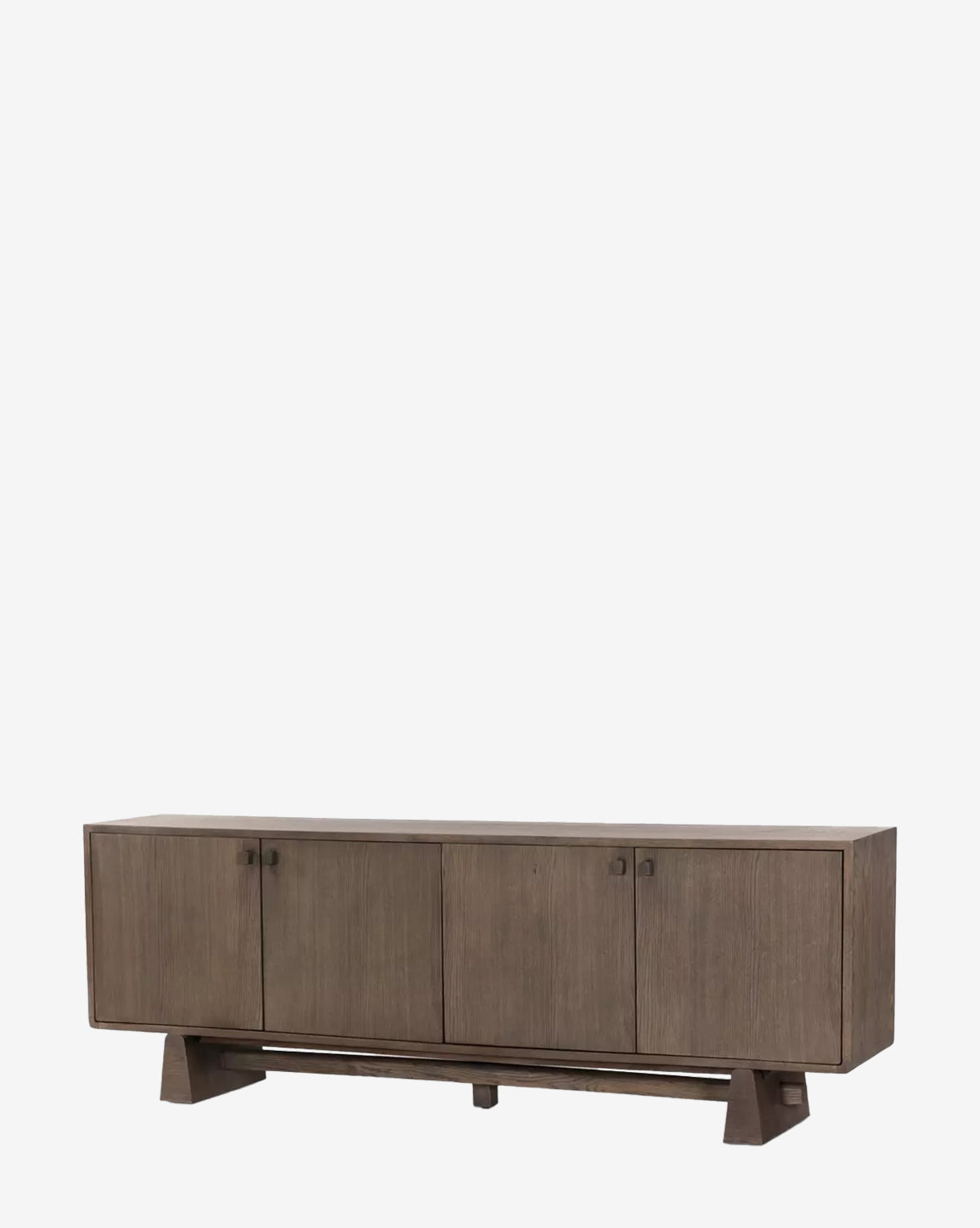 The Werner Aged Oak Sideboard features four cabinet doors, minimalist metal handles, and angled legs in a muted brown finish—offering a modern, timeless look for contemporary spaces, by McGee & Co.