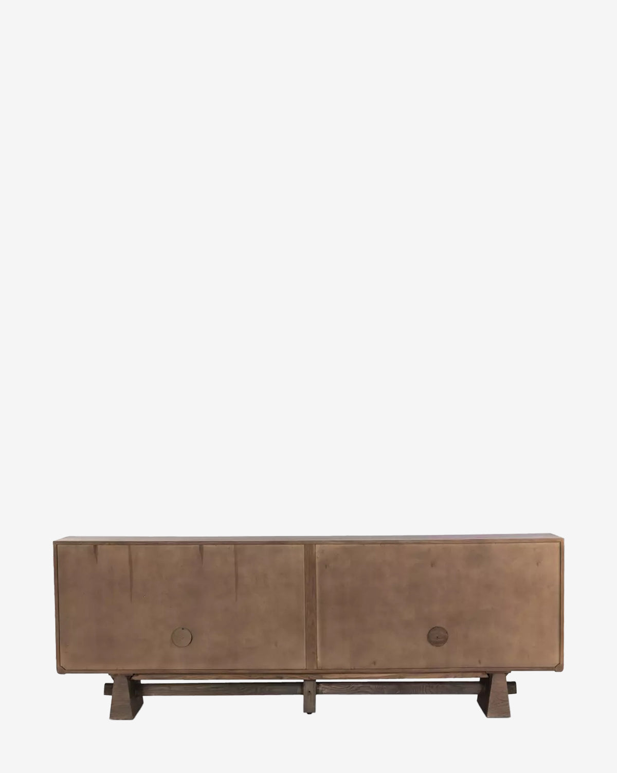 The Werner Aged Oak Sideboard is a rectangular, brown cabinet featuring two doors with simple metal handles and sturdy legs, displayed against a plain white background by McGee & Co.