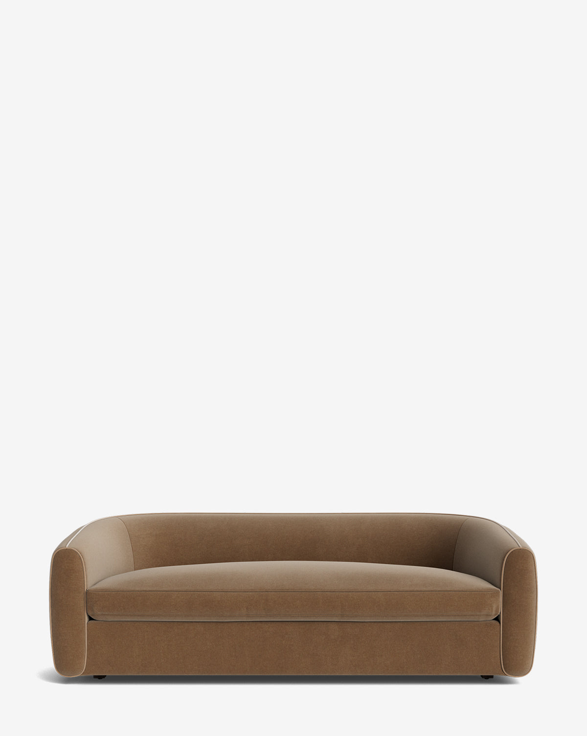 The Wexler Sofa 90 showcases brown upholstery, rounded arms, and a low backrest on a clean white background, by McGee & Co. Select from customizable designer fabric options to suit your style.