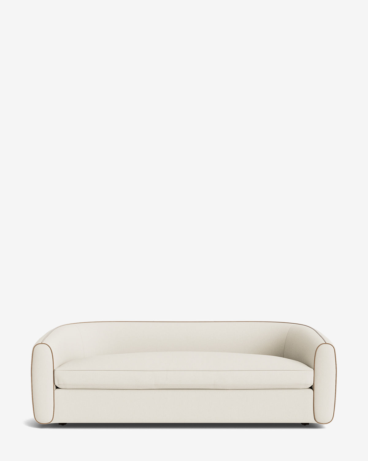 The Wexler Sofa 90 features a modern, minimalist design with cream-colored customizable designer fabric, rounded edges, low arms, and subtle piping detail along the seams, shown against a plain white background by McGee & Co.