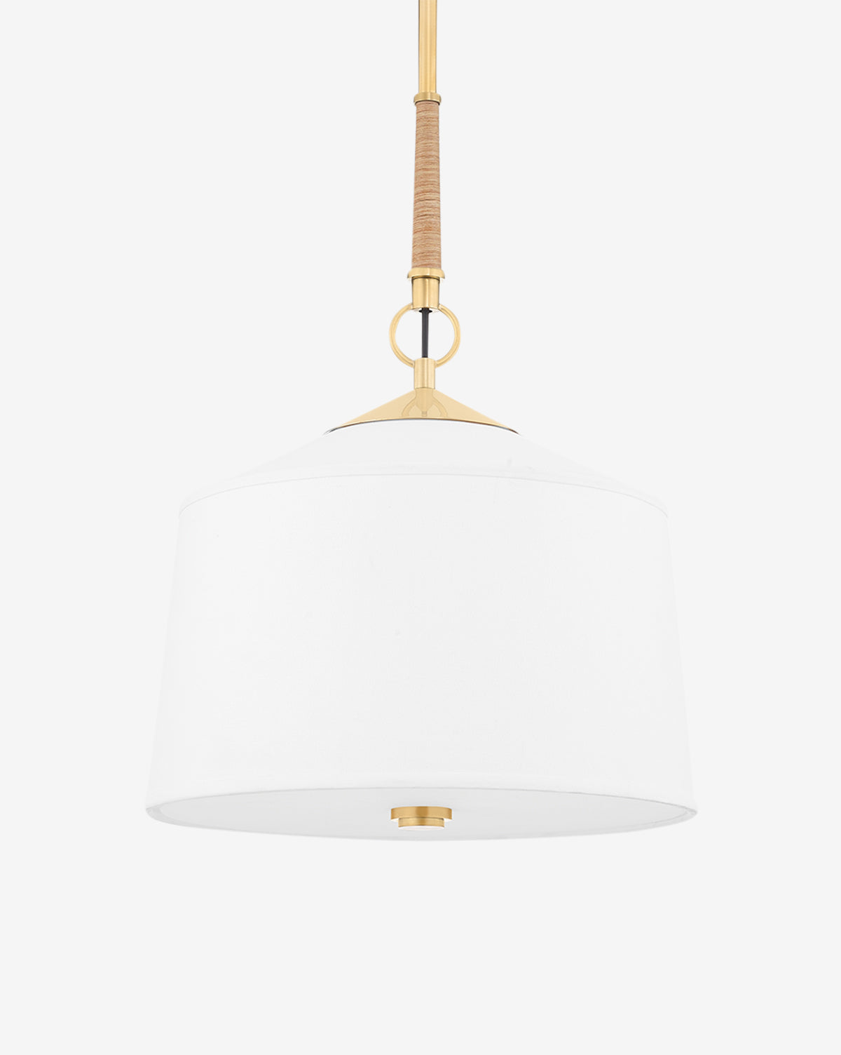 The White Plains Pendant showcases a modern wide white fabric drum shade with brass accents, suspended by a rattan-wrapped rod featuring a decorative ring and wrap detail, all set against a plain white background, by McGee & Co.