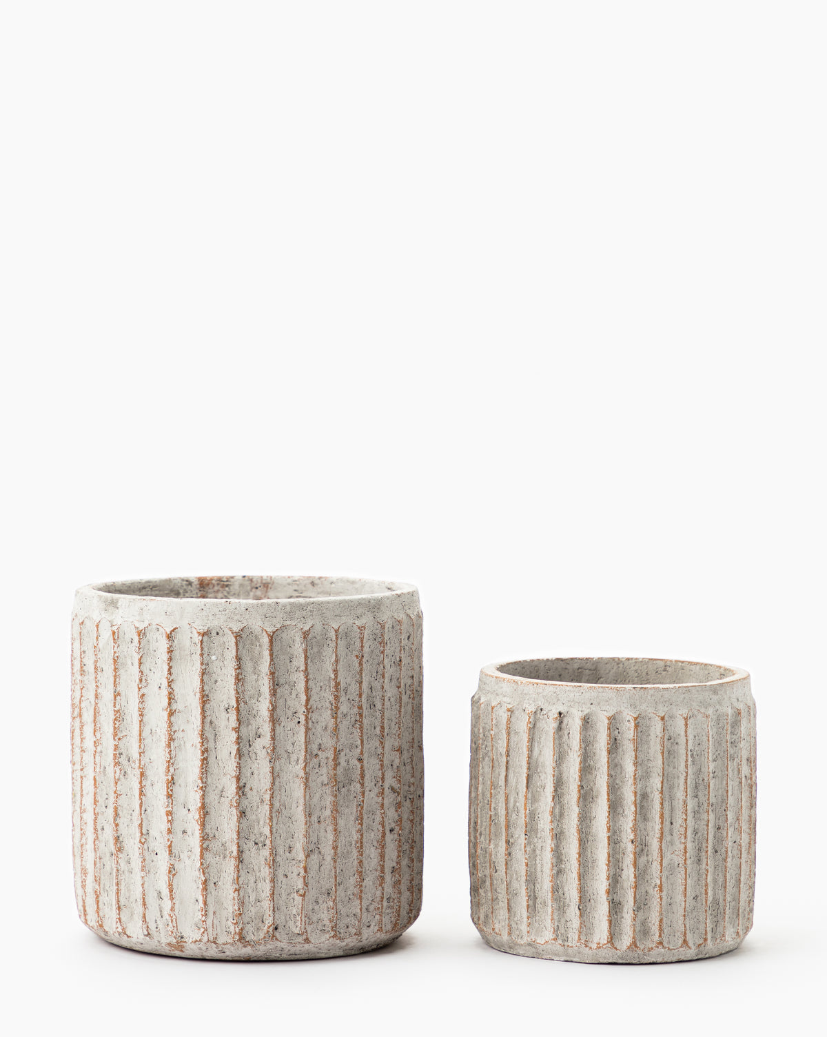 Pair of Whitewashed Ridge Pots in small and large sizes, shown together from McGee & Co.
