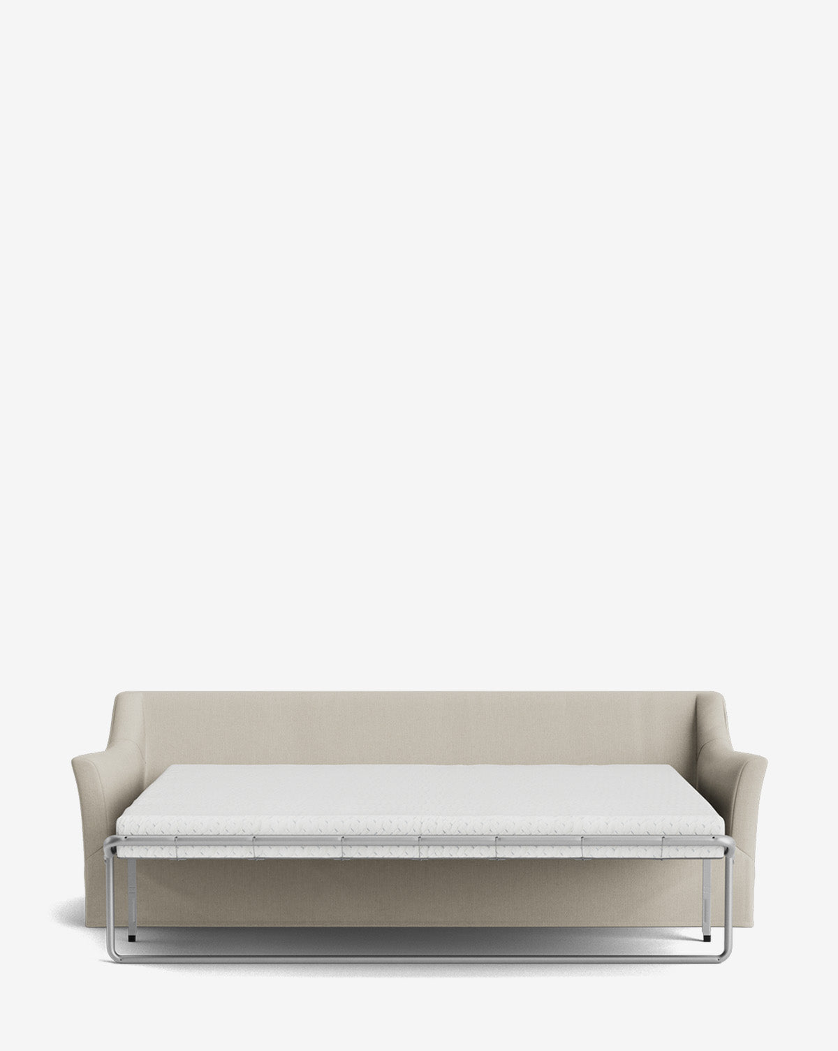 The Wilhelmina Slipcover King Sleeper Sofa in beige features armrests and is displayed with its pull-out bed extended, showing a metal frame and mattress against a plain white background, by McGee & Co.