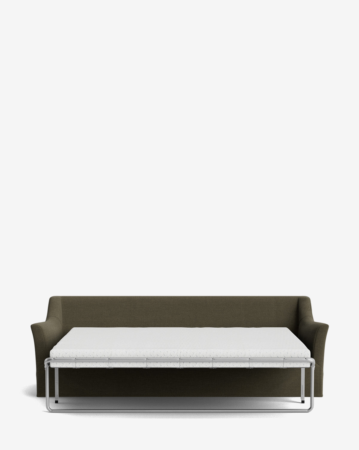 The Wilhelmina Slipcover King Sleeper Sofa in dark green, featuring armrests, is shown with its pull-out bed extended and a white mattress on top, set against a plain white background by McGee & Co.