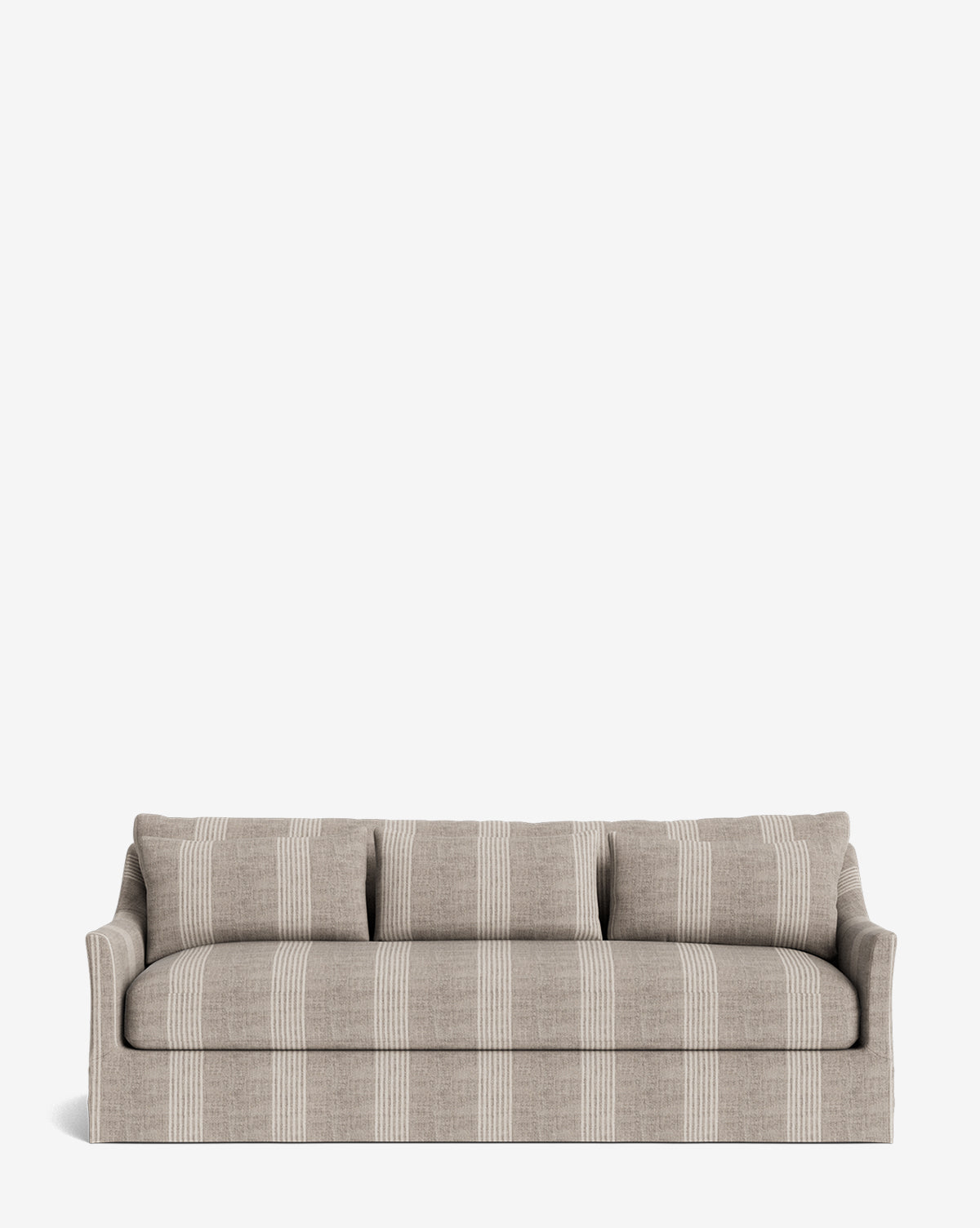 The Wilhelmina Classic Slipcover Sofa (85-110) is a beige, modern sofa with three seat cushions, white vertical stripes, low arms, and a luxurious look against a plain white background by McGee & Co.