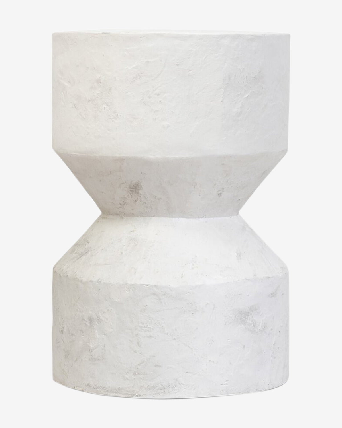 The Willis End Table is a white, textured cylindrical table with a narrow center and wider top and base, resembling an hourglass or sculptural accent piece, by McGee & Co.