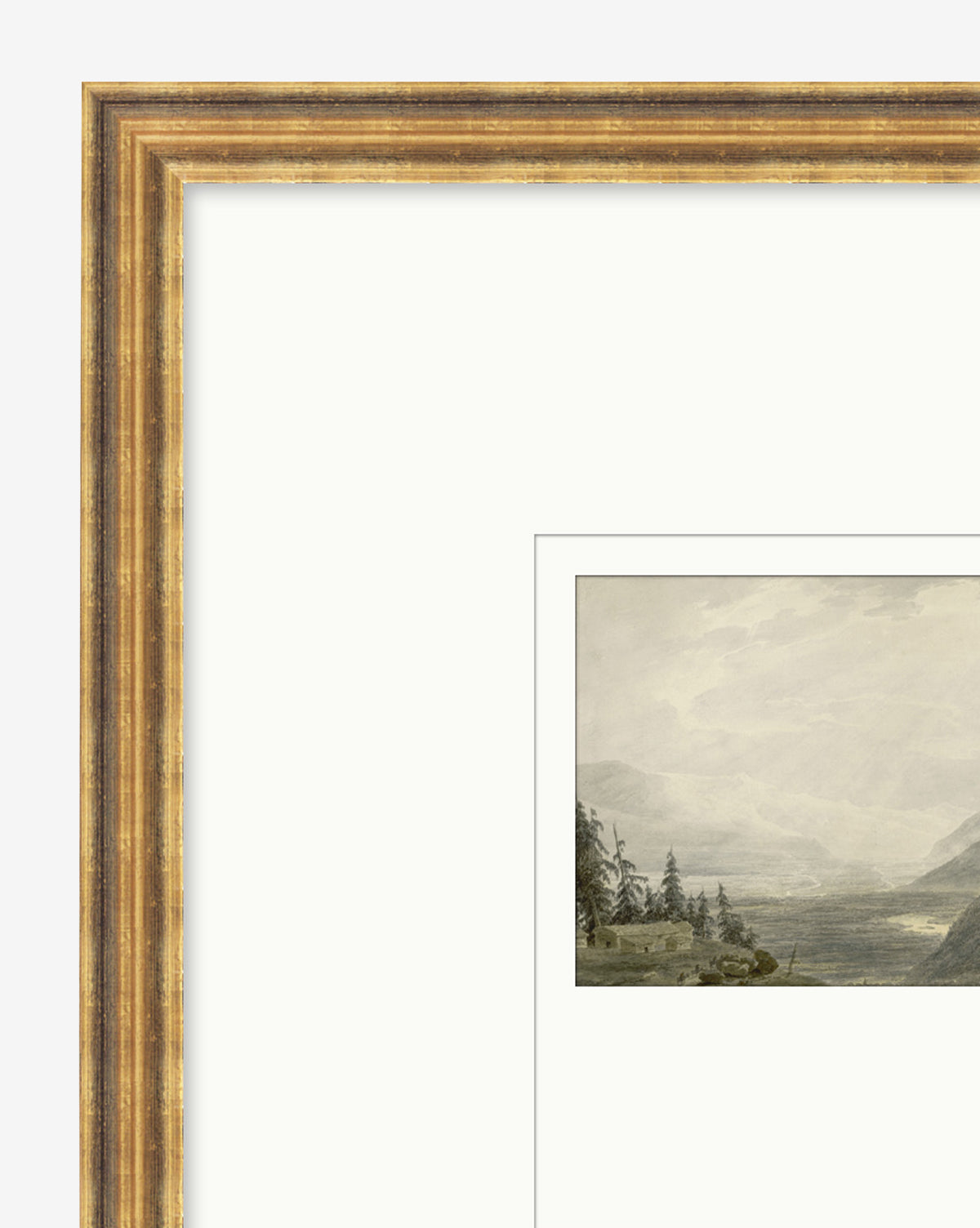 Window to the Mountains features a small mountain landscape art giclee print with mountains, trees, and a river under a hazy sky, centered in a large white mat and gold gallery-quality frame.