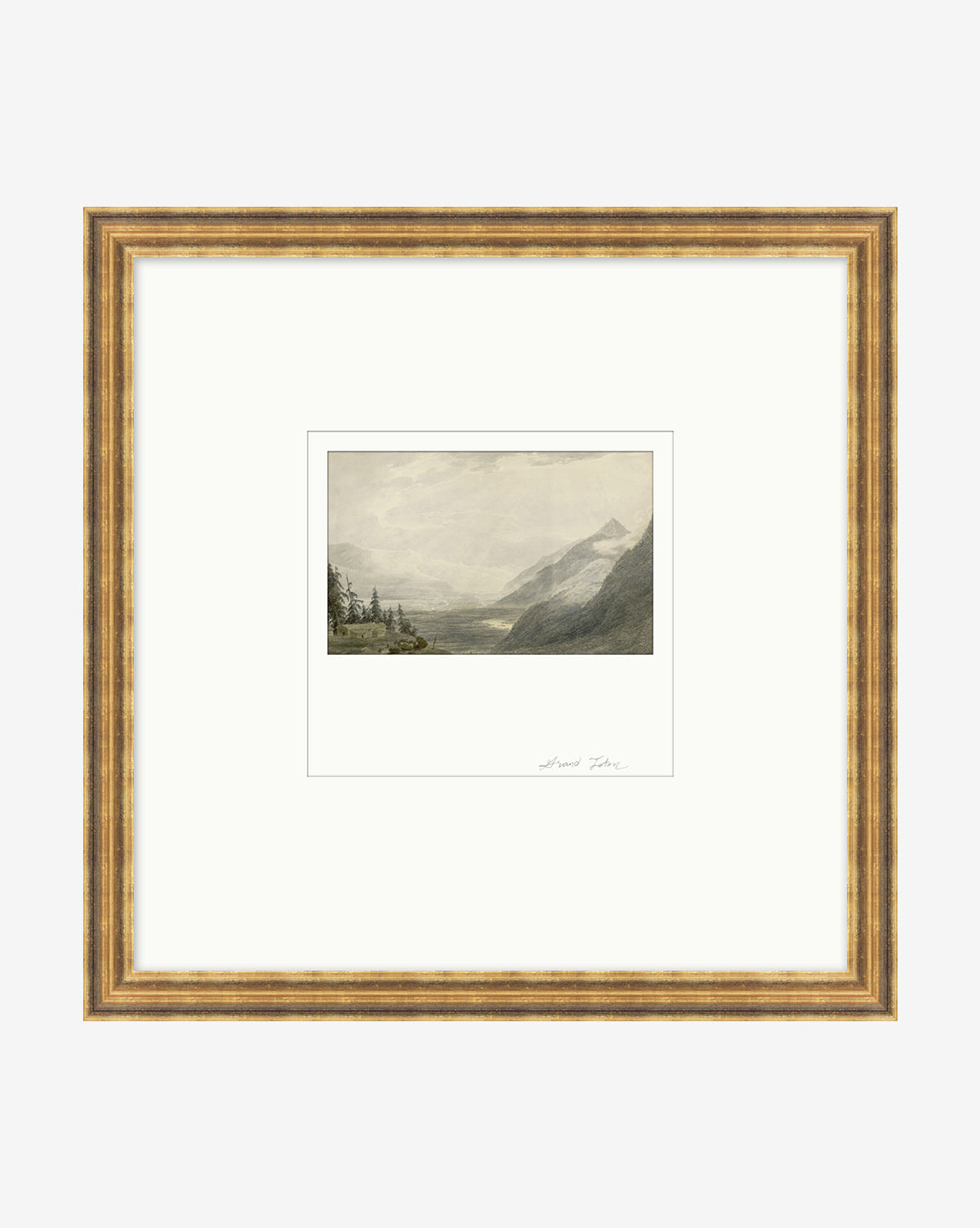 Window to the Mountains framed artwork showcases a mountain landscape with trees and a valley beneath a cloudy sky, set in a gallery-quality gold frame with a wide white mat.