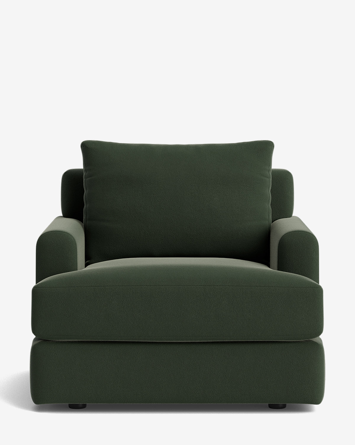 The Winthrop Lounge Chair, shown from the front against a white background, features dark green upholstery, wide arms, a deep seat, and plush cushioning—modernly designed for ultimate comfort, by McGee & Co.
