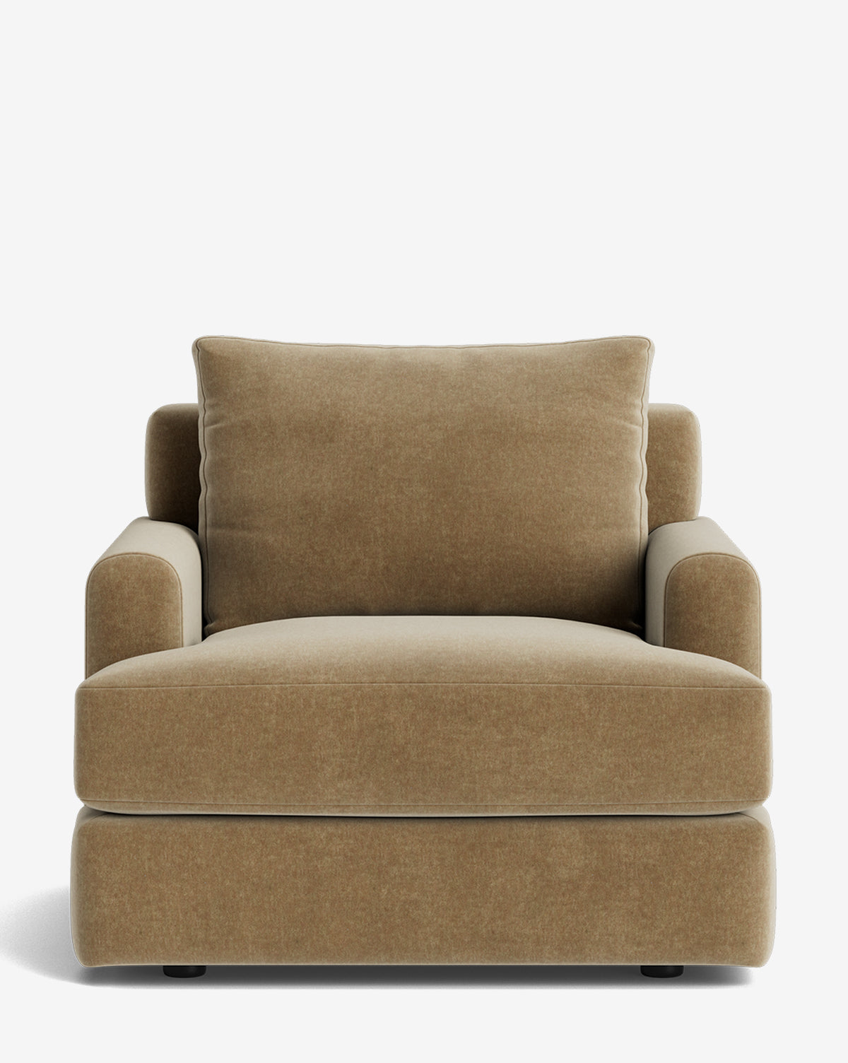 The Winthrop Lounge Chair is a wide, modern chair with soft tan fabric, plush seat, back and arm cushions, and small dark legs—stylishly presented against a white background by McGee & Co.