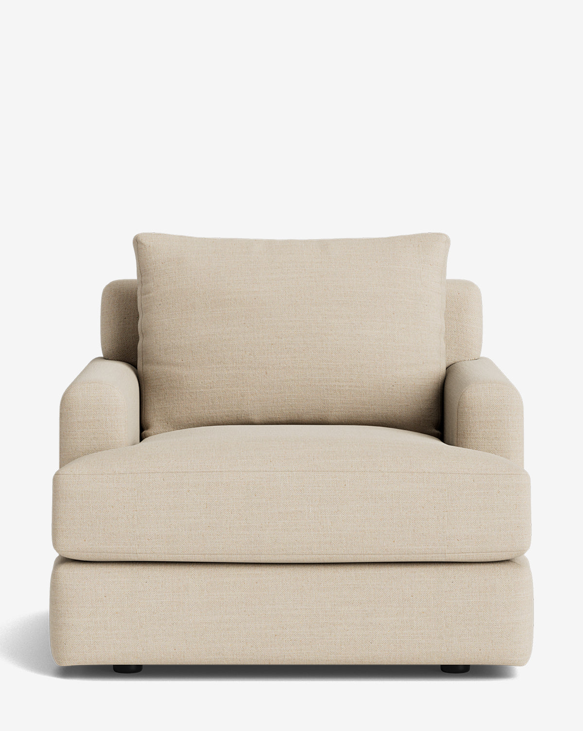A front-facing view of the Winthrop Lounge Chair, showcasing its modern oversized beige design with a plush seat, wide armrests, and a large cushioned backrest, set against a white background by McGee & Co.
