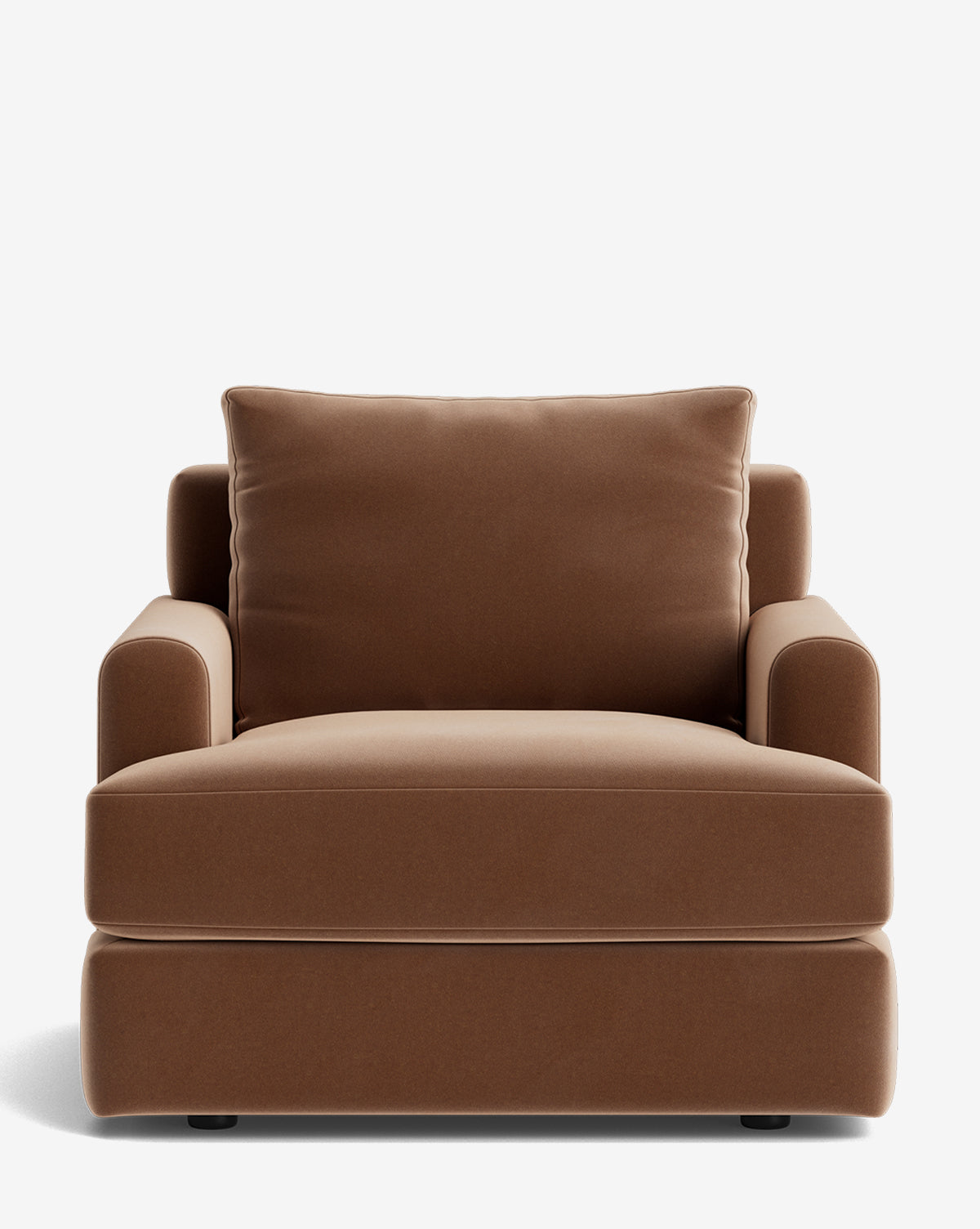 The Winthrop Lounge Chair is a modern lounge chair with wide, rounded armrests and plush brown cushions, offering style and comfort against a plain white background by McGee & Co.