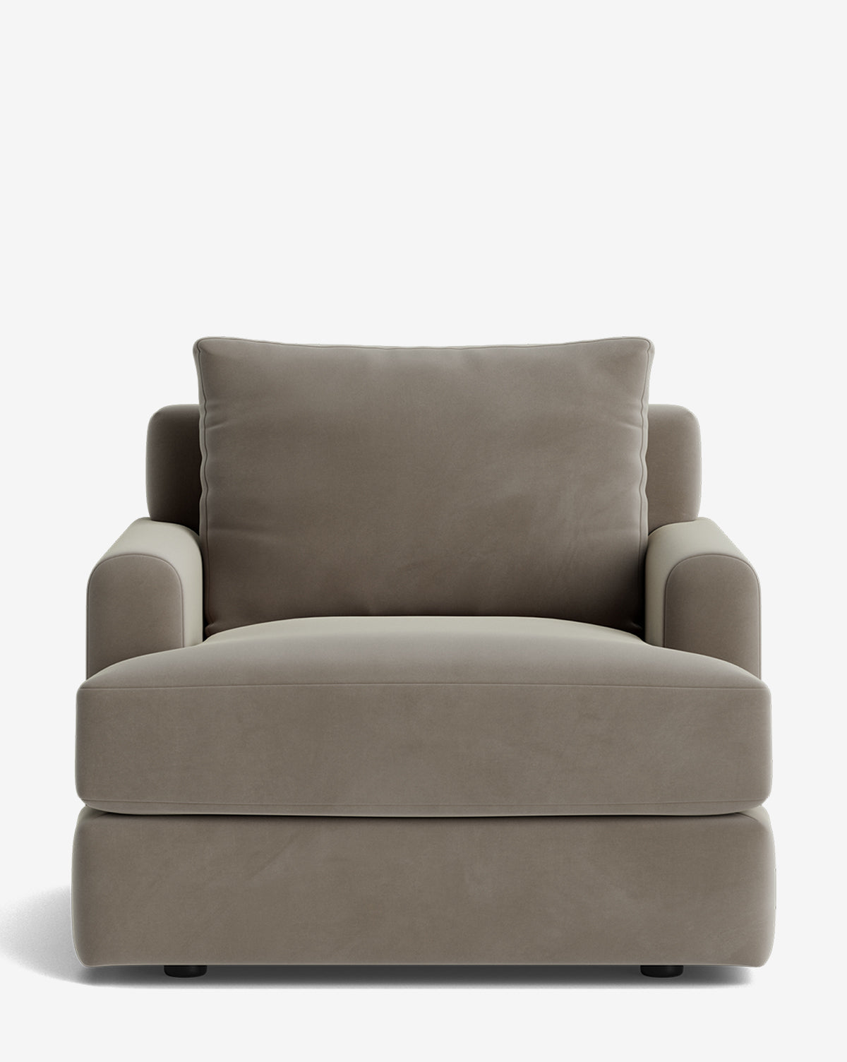 A front-facing view of the Winthrop Lounge Chair, a plush and customizable chair with thick taupe fabric cushions and wide armrests, set against a plain white background by McGee & Co.