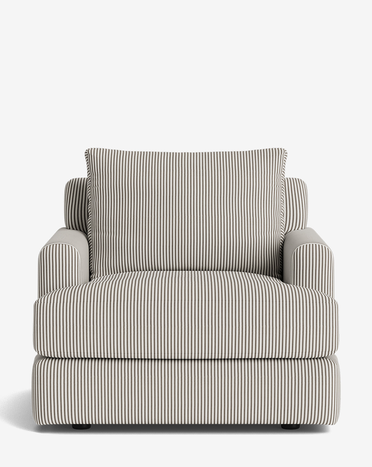 The Winthrop Lounge Chair features a wide seat, large cushion, padded arms, and black-and-white striped fabric upholstery, shown against a white background by McGee & Co.