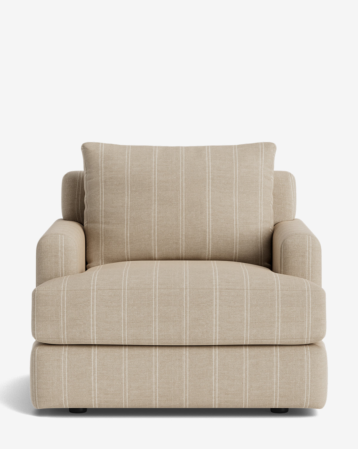 The Winthrop Lounge Chair is a beige armchair with white vertical stripes, plush cushions, and wide padded armrests, displayed on a white background by McGee & Co.