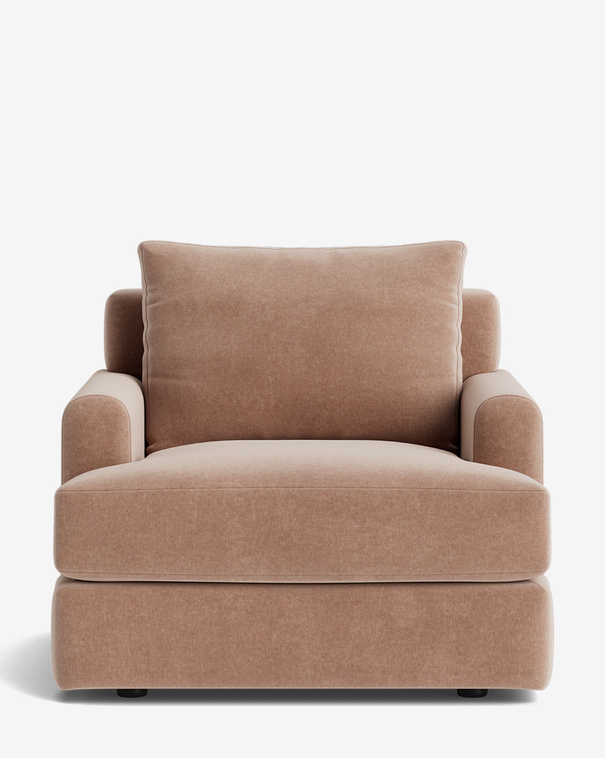 A front-facing view of the Winthrop Lounge Chair, a modern lounge chair with spacious light brown upholstery, plush back cushion, and wide armrests, displayed against a plain white background by McGee & Co.