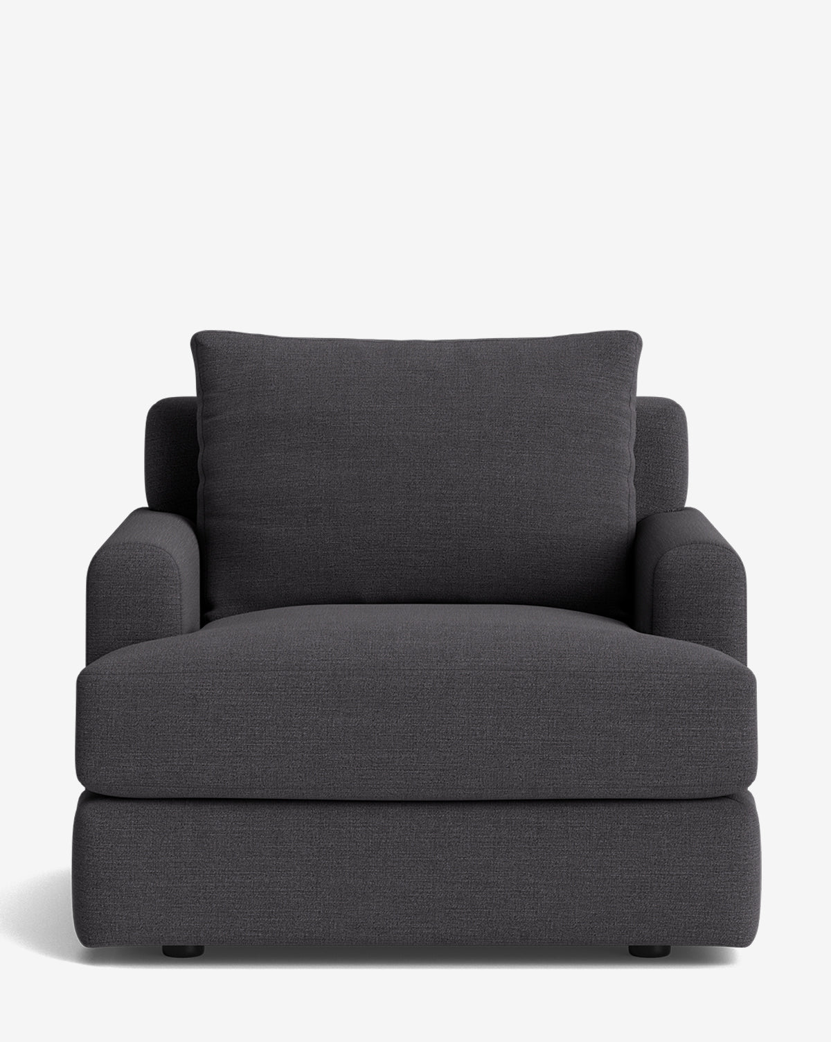 The Winthrop Lounge Chair features a modern dark gray design with a large cushioned seat, wide arms, and a matching back cushion. Shown on a plain white background, this customizable chair adds comfort and style to any space by McGee & Co.