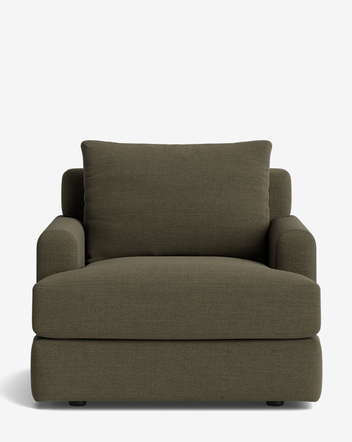 The Winthrop Lounge Chair is a large, olive green upholstered chair with thick seat and back cushions, shown from the front on a plain white background by McGee & Co.