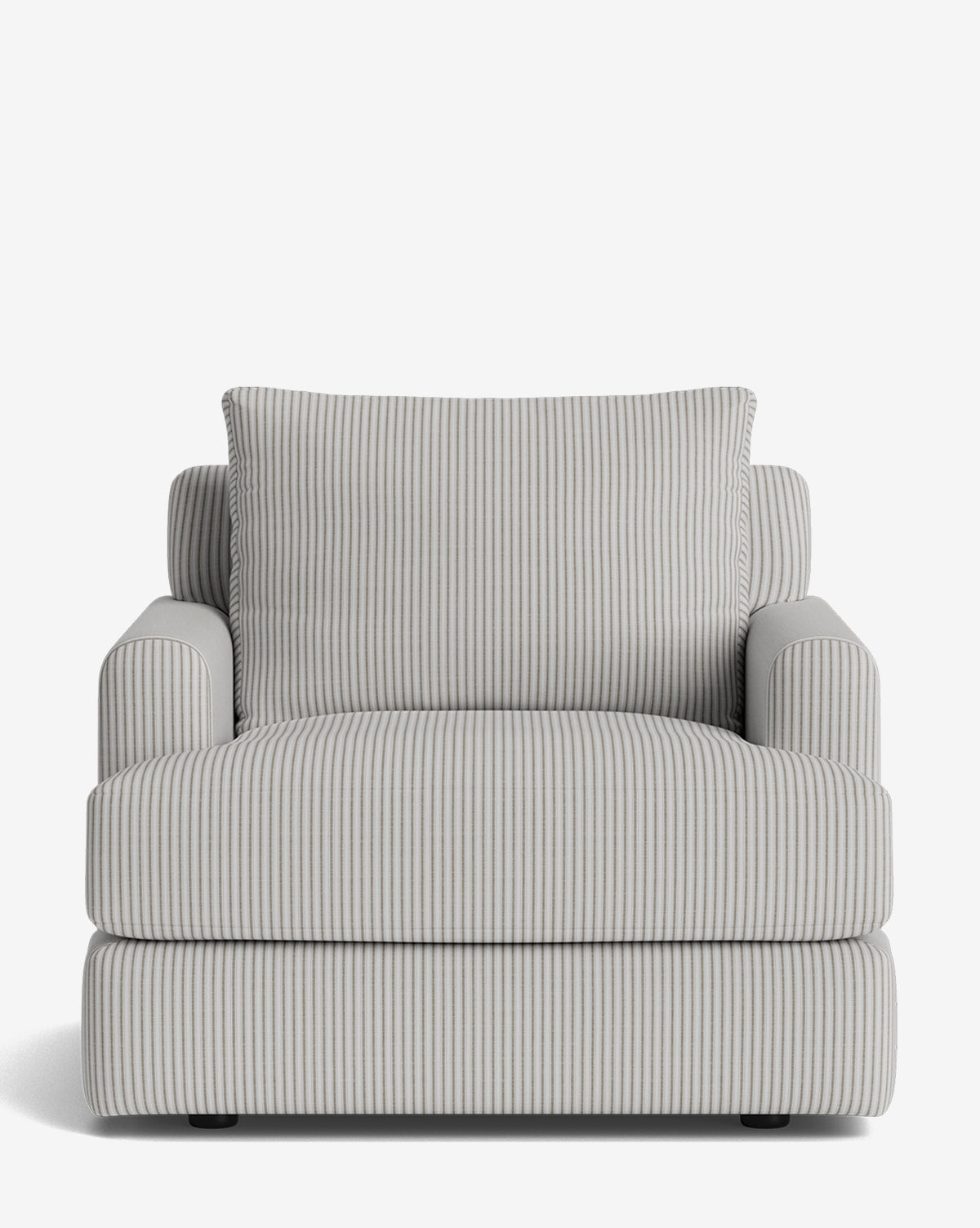 Front view of the Winthrop Lounge Chair, a modern chair in light gray fabric with thin white vertical stripes, featuring a large back cushion and rounded armrests, shown against a plain white background by McGee & Co.