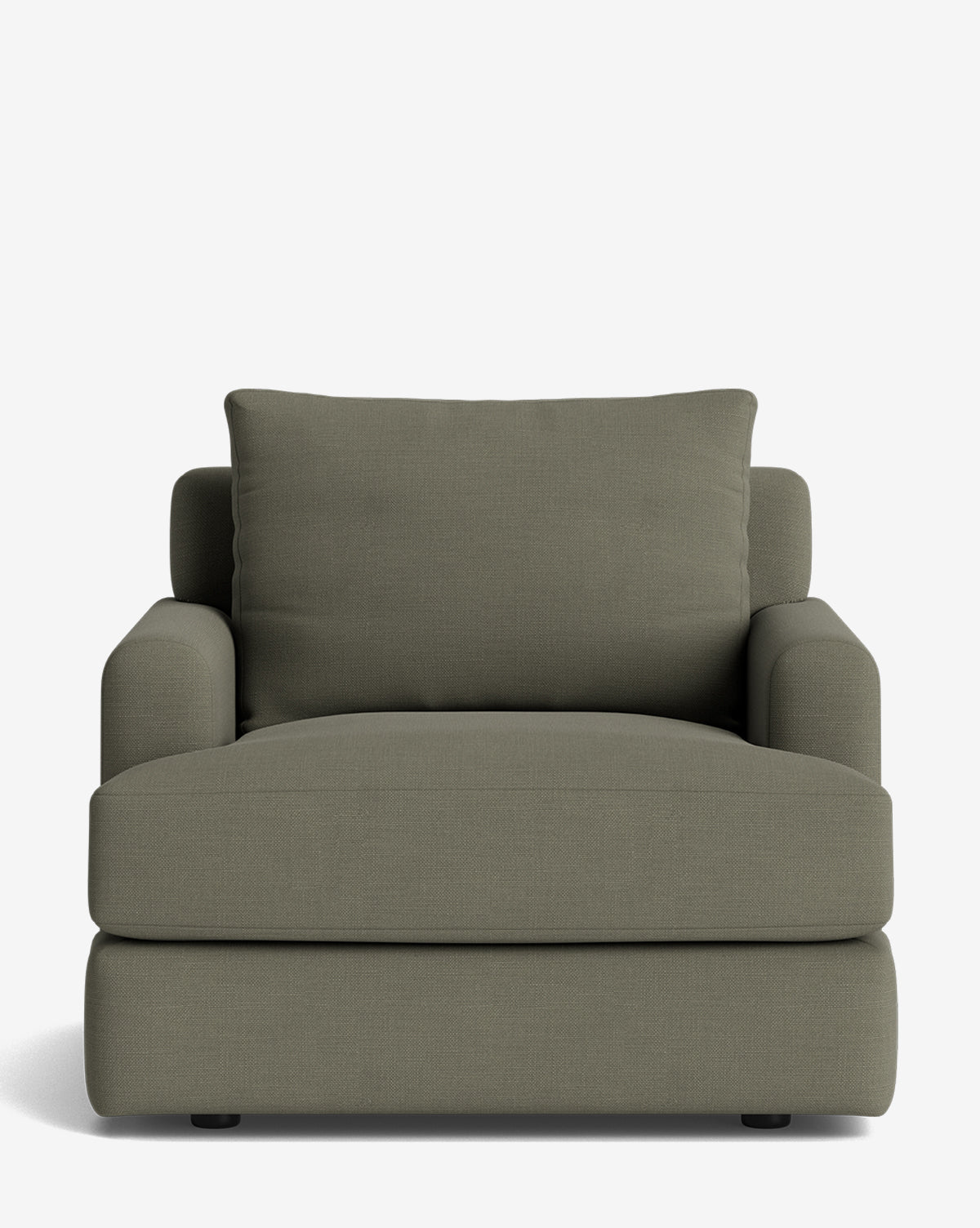 The Winthrop Lounge Chair features olive-green upholstery, wide armrests, and plush seat and back cushions. Shown from the front against a white background, this modern chair combines comfort with contemporary style by McGee & Co.