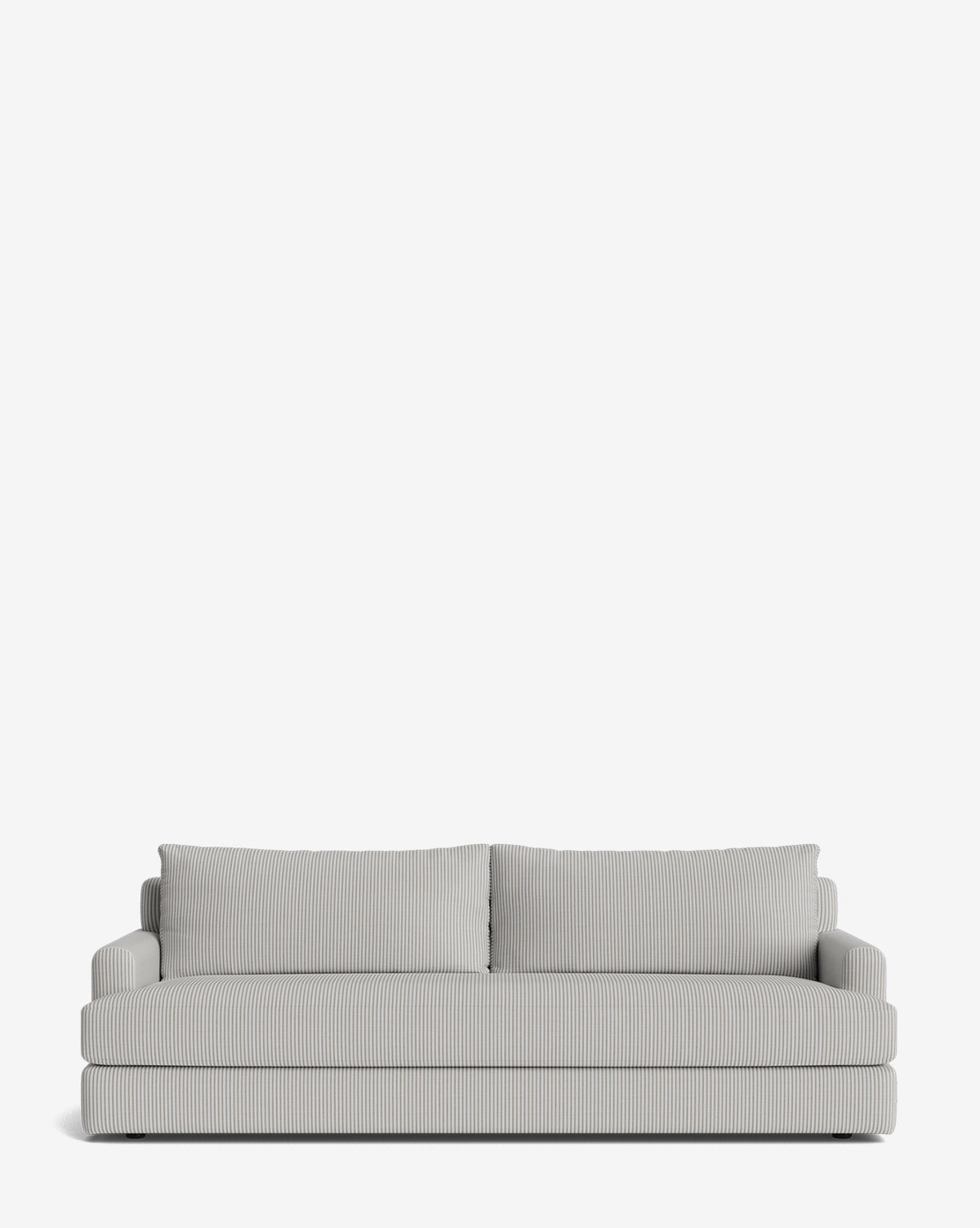 The Winthrop Sofa 90 is a modern light grey sofa with subtle vertical stripes, two large seat cushions, and two matching backrest cushions—ideal as a contemporary piece for any space, by McGee & Co.