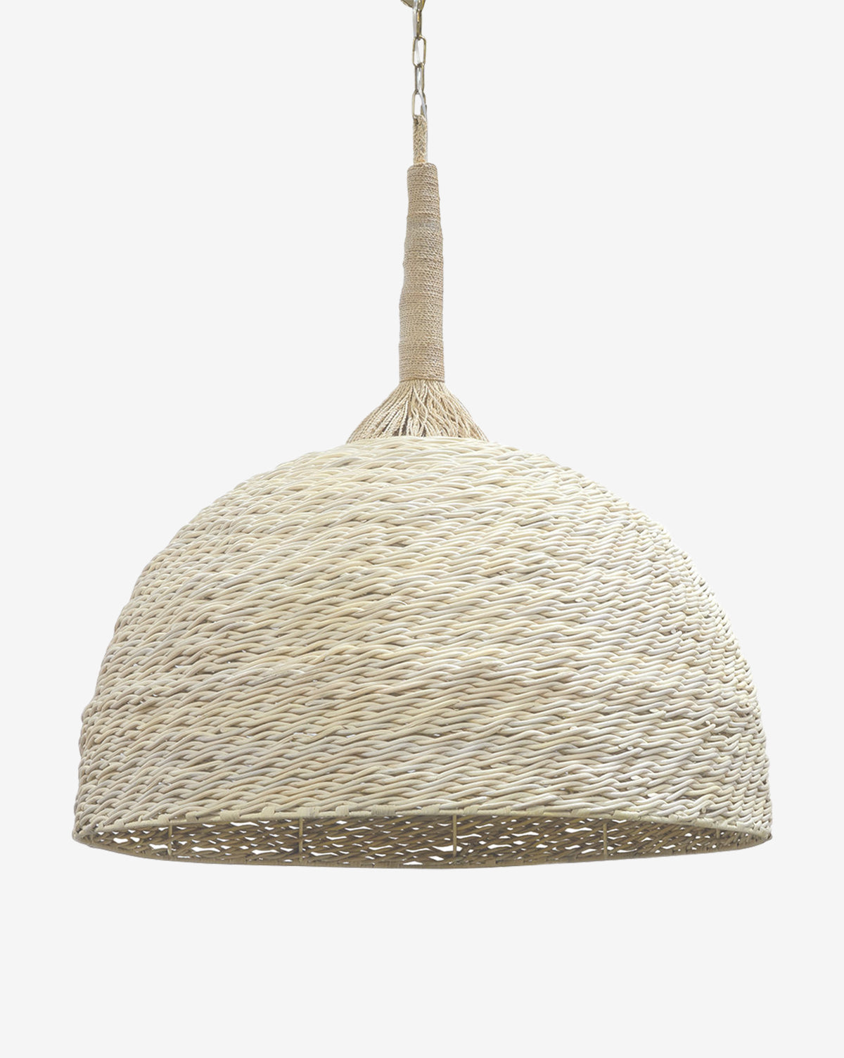The Palecek Wisteria Oversized Pendant, a dome-shaped light in coastal style with natural beige woven rattan, hangs from a chain against a plain white background. McGee & Co.