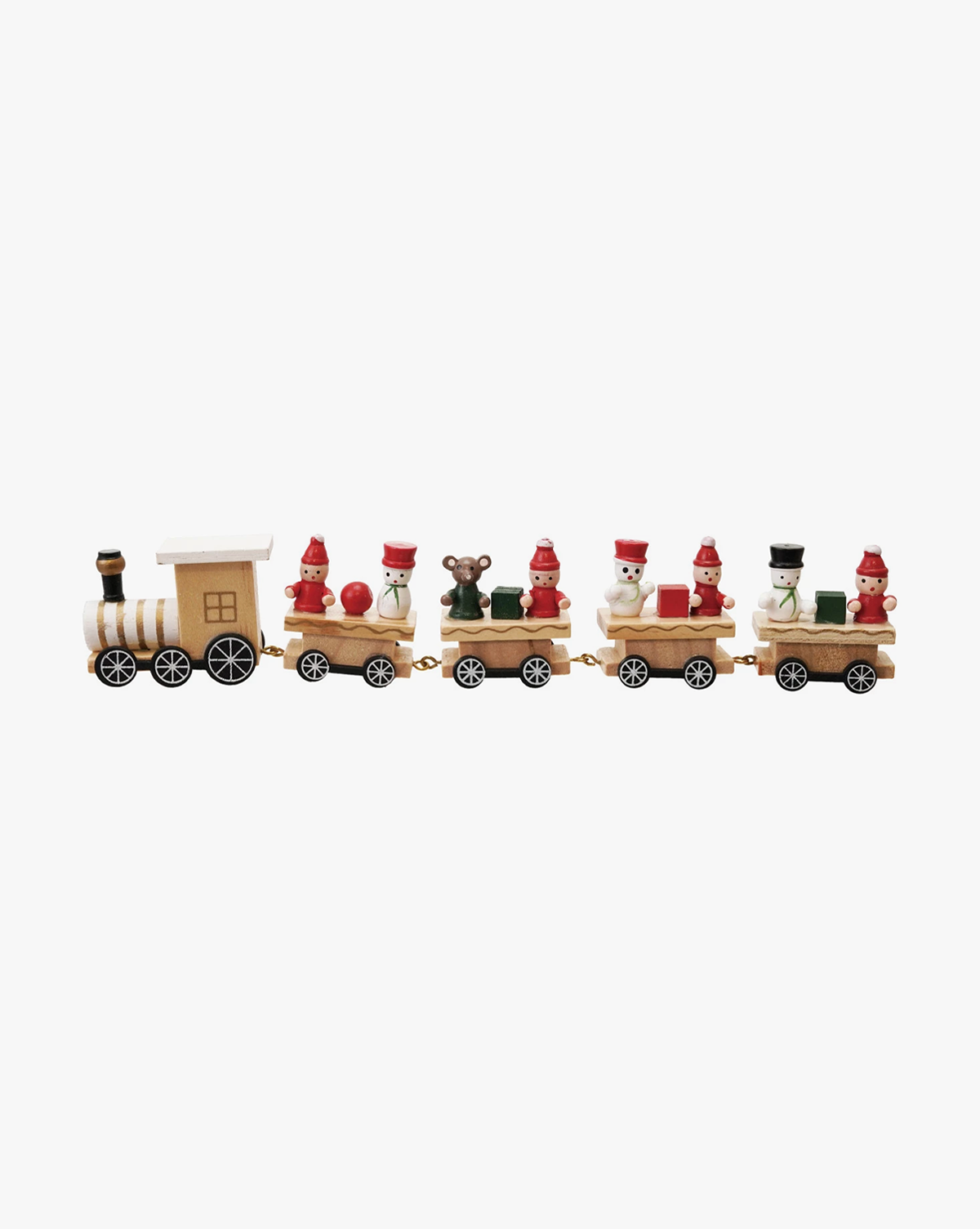 The Wooden Train with Holiday Passengers (Set of 5) features hand-painted wooden cars carrying festive figures like snowmen, bears, and people in red hats, all set against a crisp white background, by McGee & Co.