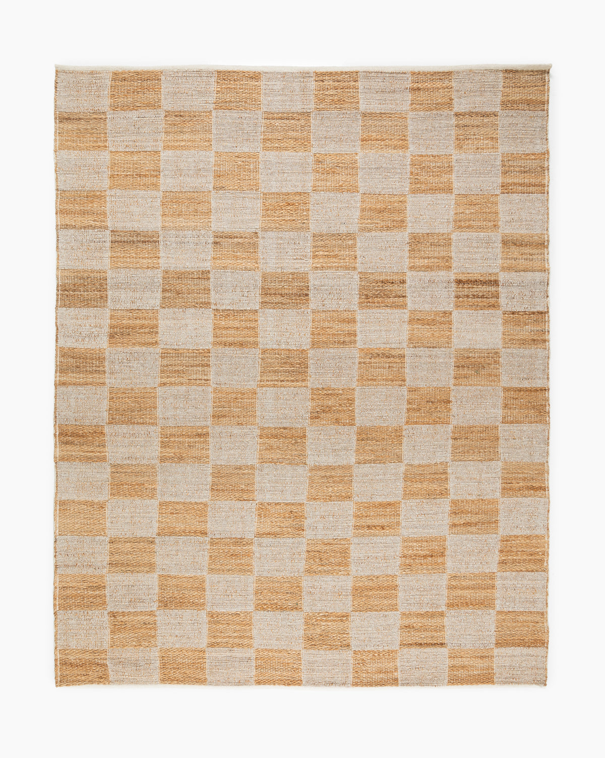 The Wool & Jute Handwoven Checkered Rug features a rectangular shape and a checkerboard pattern with alternating beige and light tan squares, crafted from natural materials, by McGee & Co.