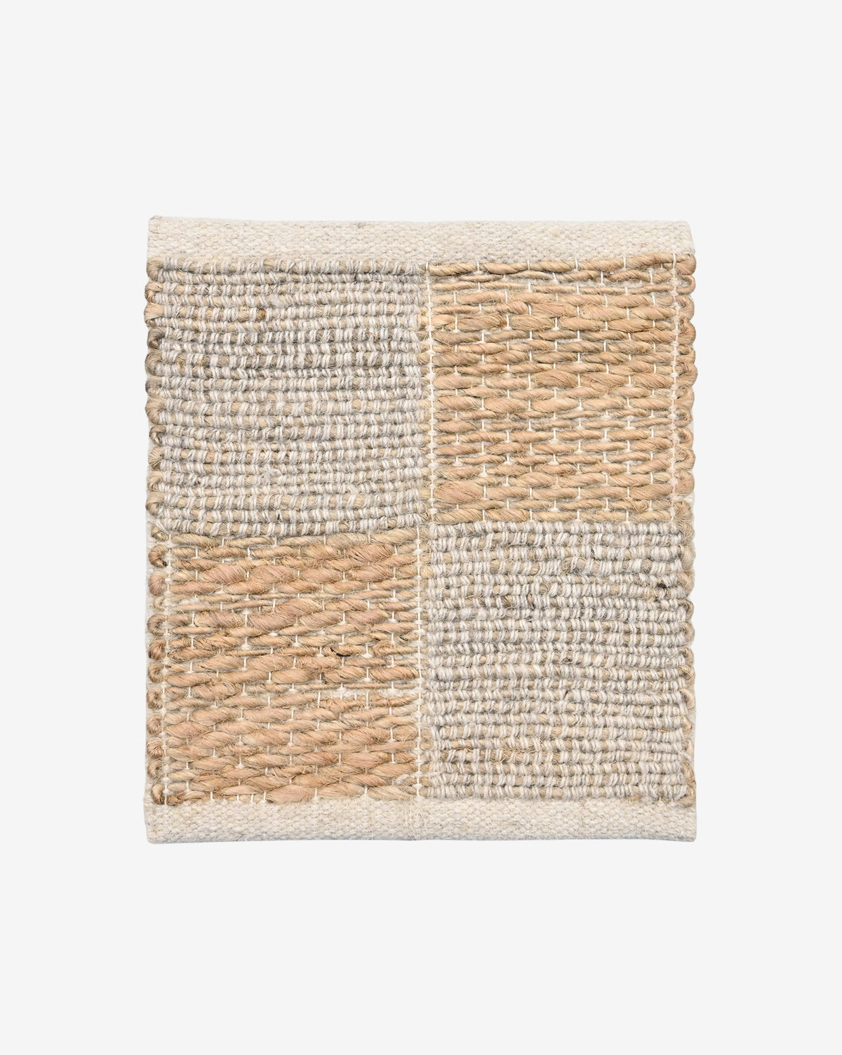 The Wool & Jute Handwoven Checkered Rug Swatch features a square design with a rustic, textured checkered pattern in natural tan and white fibers. The handwoven construction and neatly finished edges offer a stylish, artisanal touch by McGee & Co.
