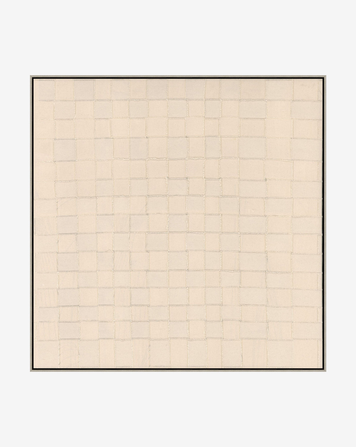 Woven Neutrals is a minimalist, textured art piece featuring a grid of uneven off-white squares on a cream background with a thin black frame, evoking the look of woven neutrals through subtle color and alignment variations, by McGee & Co.