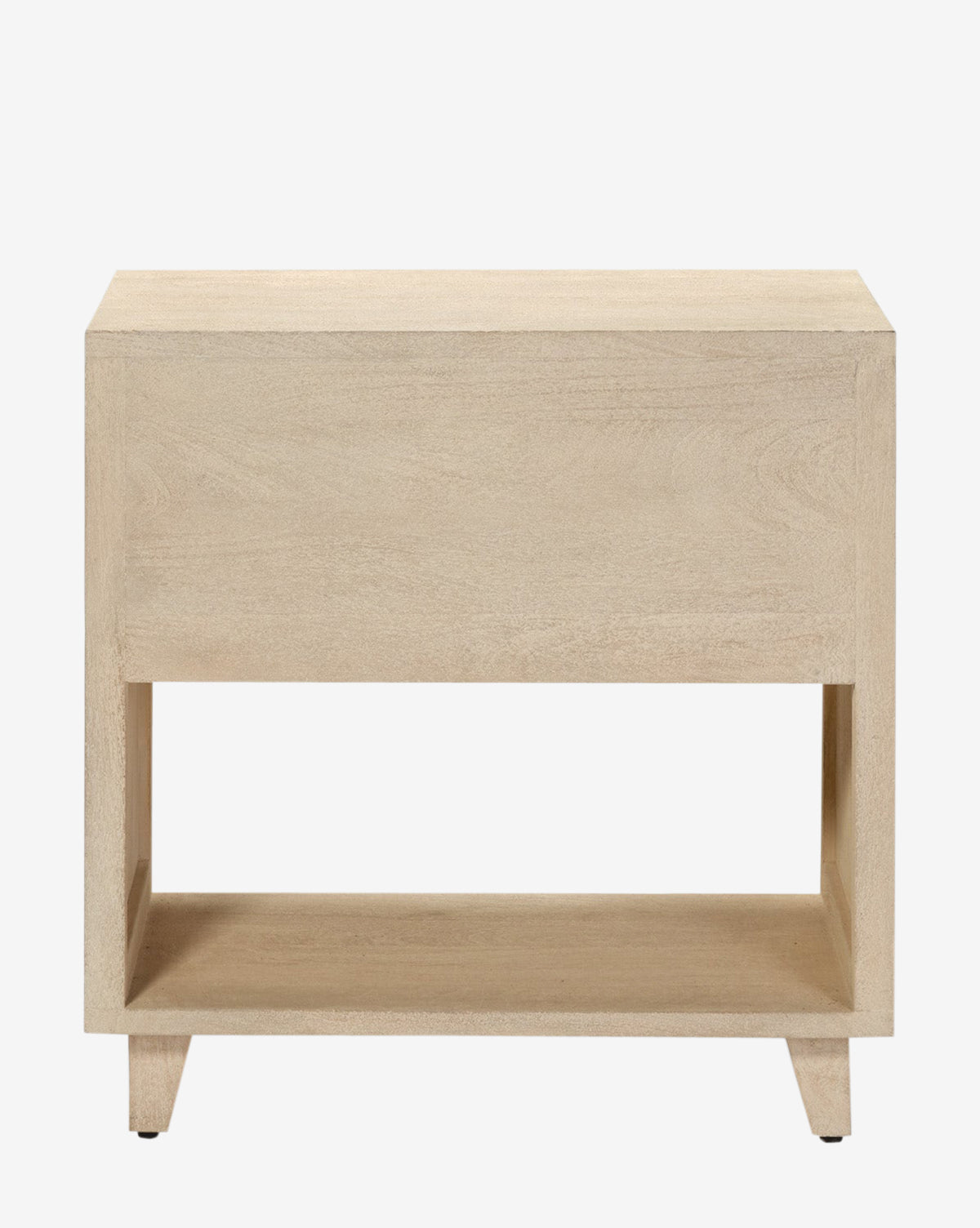The Wrenna Nightstand features clean lines, a solid light wood top, an open lower shelf, and slightly angled legs, offering a stylish alternative to traditional bedroom nightstands against a plain white background by McGee & Co.