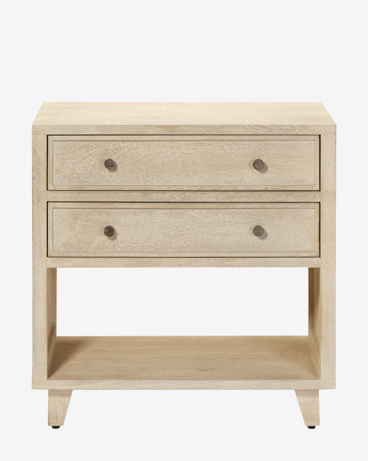 The Wrenna Nightstand offers a simple, modern look with two drawers, round metal knobs, an open lower shelf, and tapered legs. Its natural light wood finish makes it ideal for stylish bedroom decor by McGee & Co.