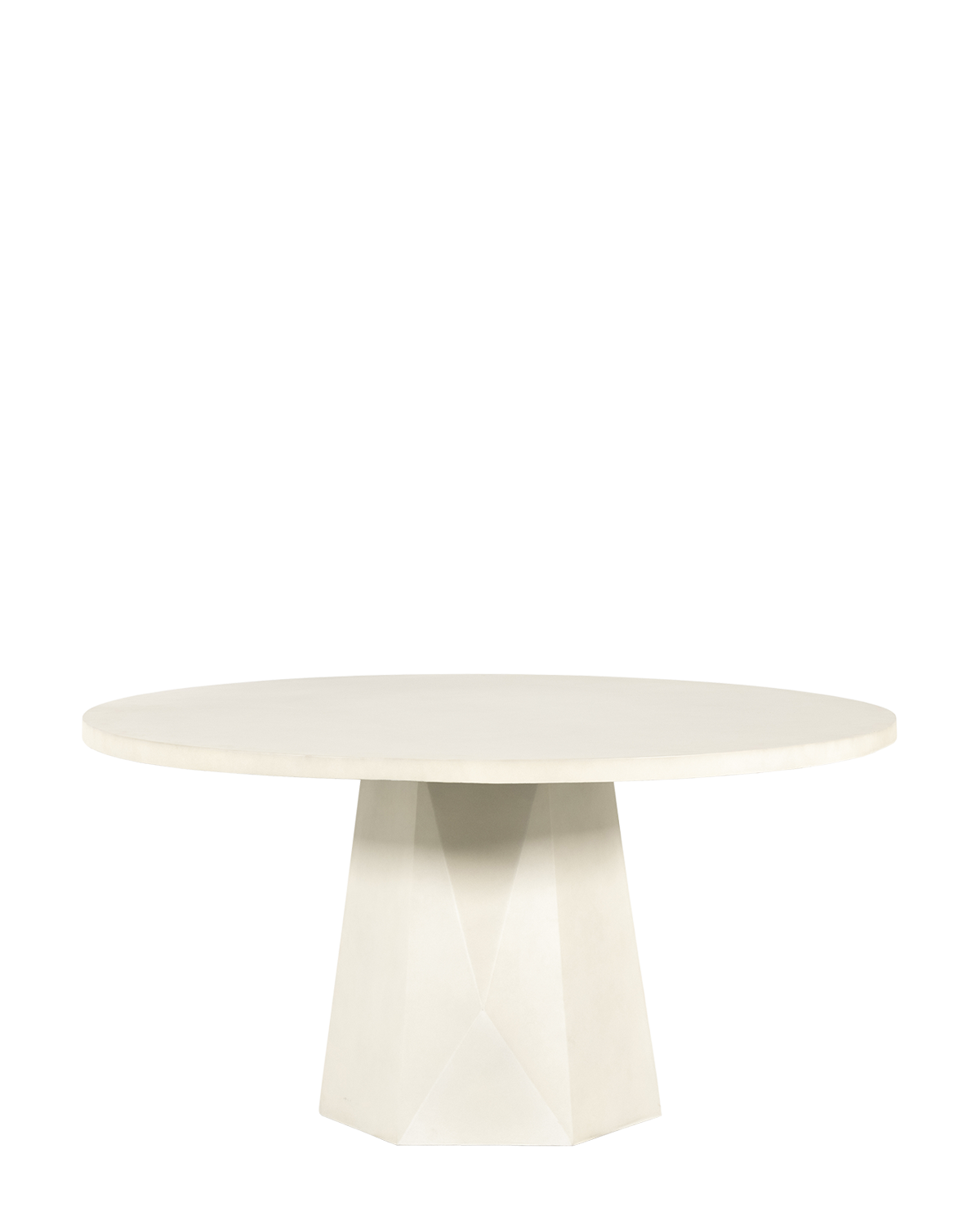 The Yale Outdoor Dining Table is a modern round white dining table featuring a faceted geometric pedestal base, displayed against a plain white background by McGee & Co.