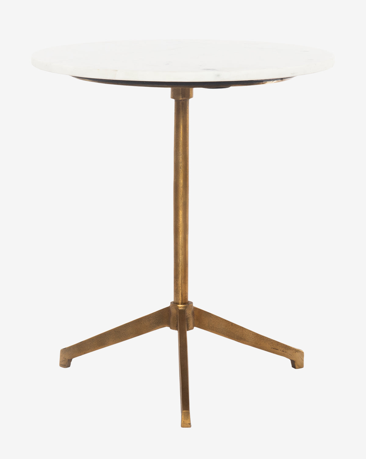 A compact, round Zadie End Table featuring a white marble top and a shiny brass three-legged pedestal base, displayed against a plain white background by McGee & Co.
