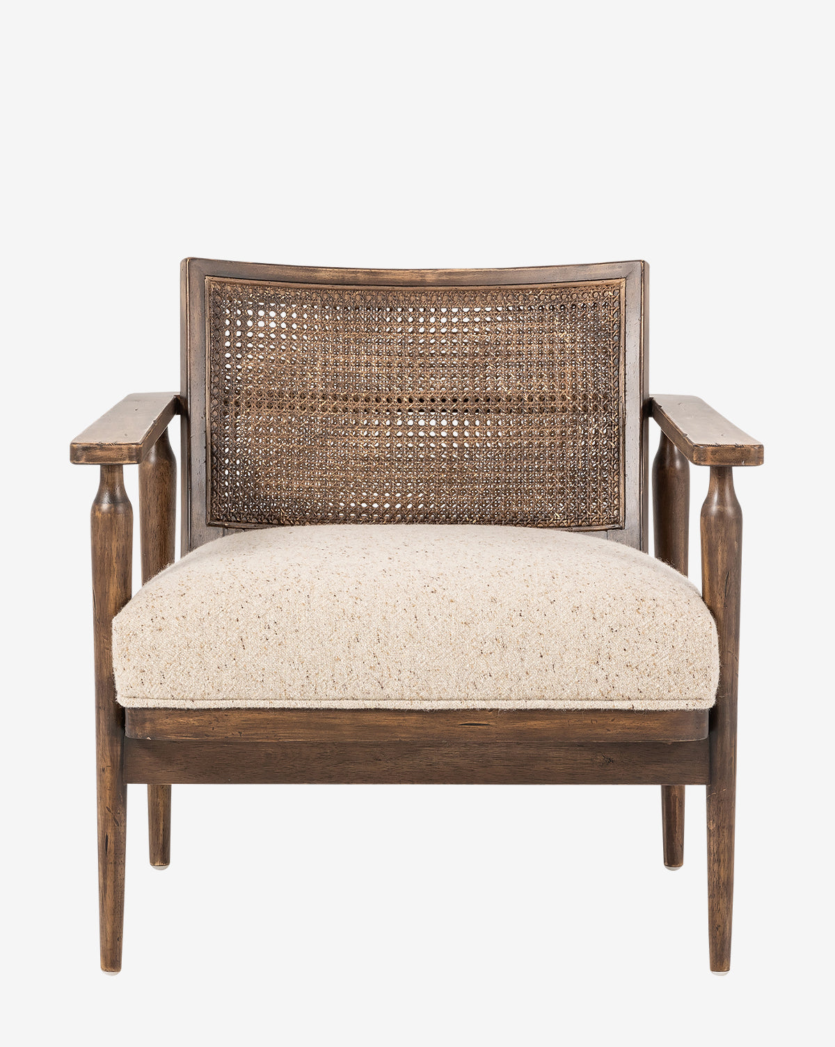 The Zalan Lounge Chair features a woven cane backrest, wide armrests, and a plush Belgian linen seat cushion, displayed against a plain white background by McGee & Co.