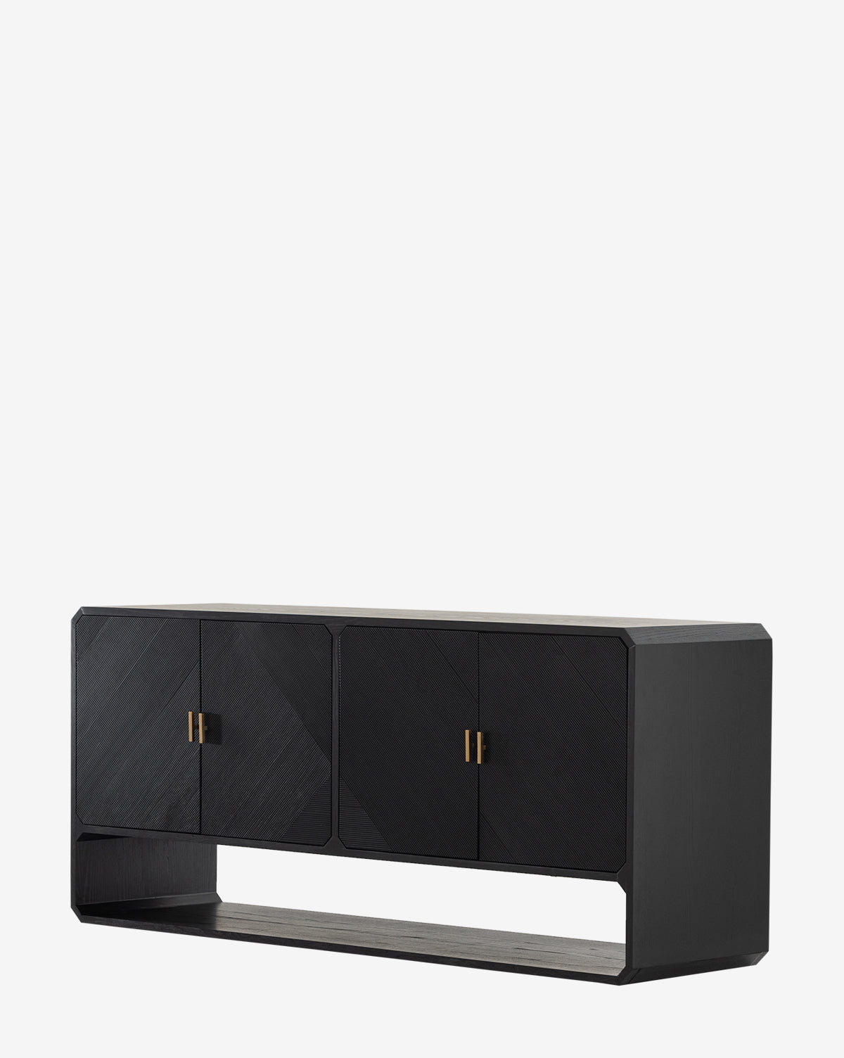 The Ziggy Sideboard is a modern storage unit in black ash veneer with four cabinet doors, gold handles, short legs, and an open lower shelf, shown against a plain white background by McGee & Co.