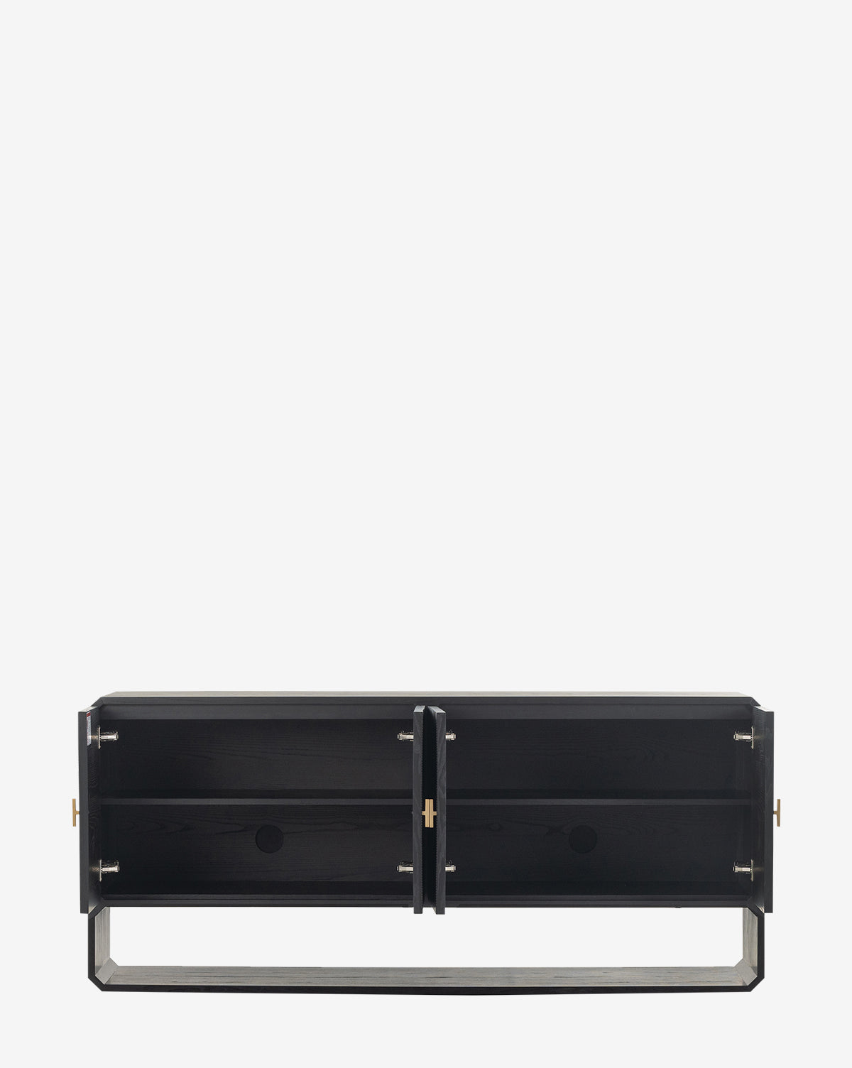 The Ziggy Sideboard is a modern black ash veneer TV stand featuring two open cabinet doors, interior shelves, circular cable management holes at the back, a rectangular frame, and gold handles, by McGee & Co.